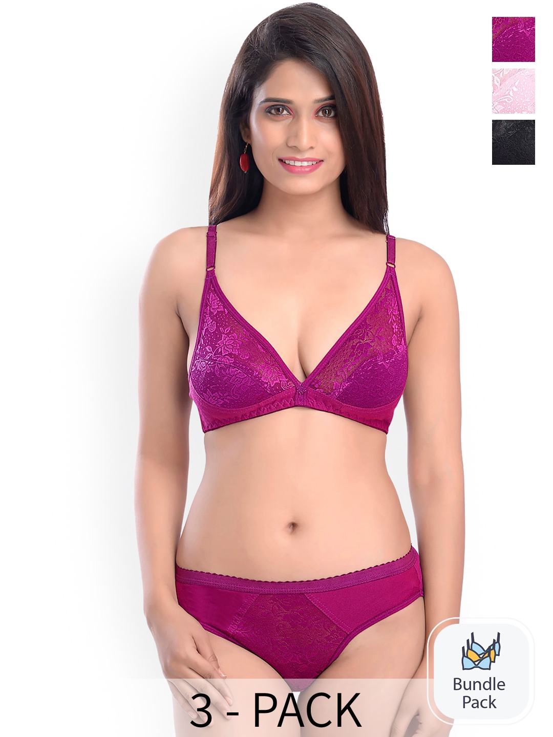 

PIBU Pack of 3 Self Design Cotton Laced Lingerie Set, Pink