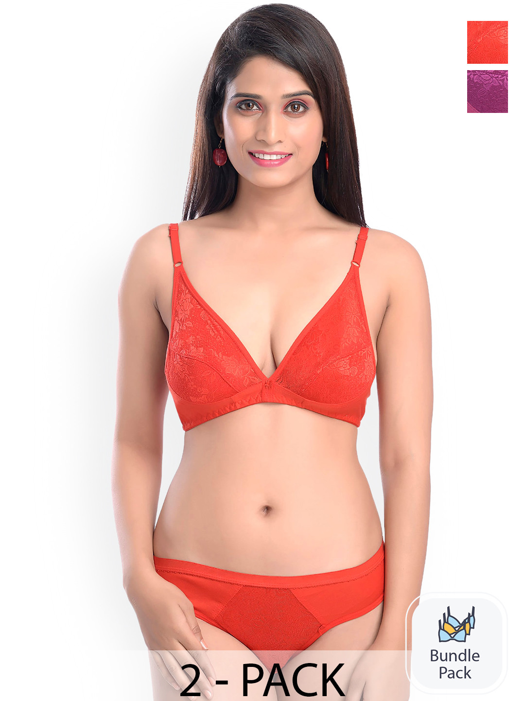 

PIBU Pack Of 2 Lace Self-Deign Cotton Lingerie Set, Red