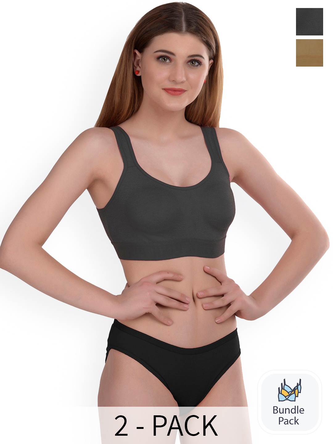 

PIBU Pack Of 2 Cotton Lingerie Set, Black