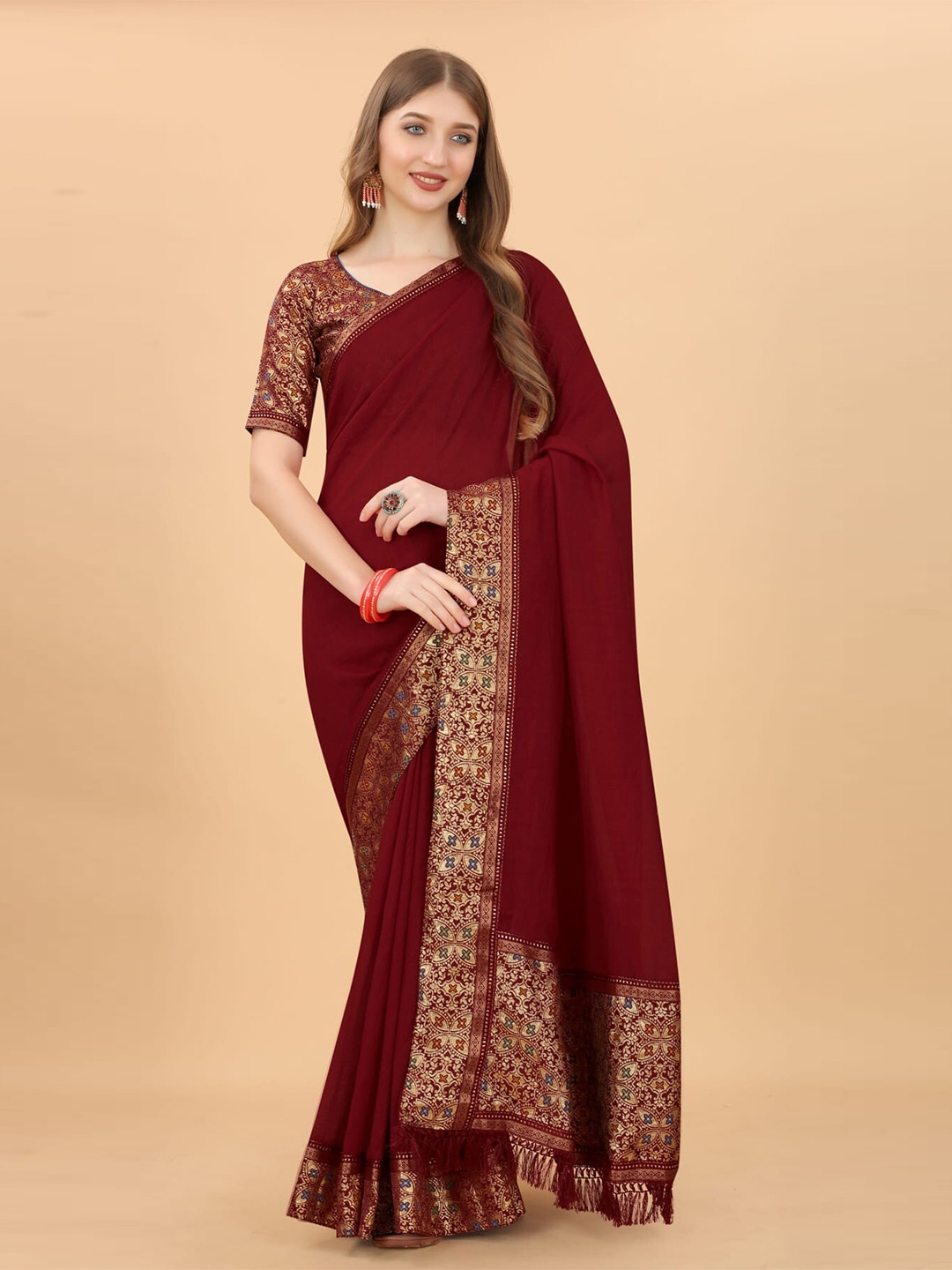 

KALINI Zari Silk Cotton Jamdani Saree, Maroon