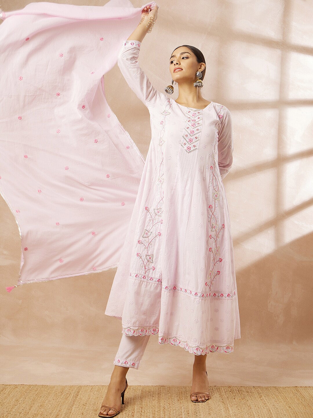 

Sangria Pink Floral Embroidered Pure Cotton Kurta With Trousers & Dupatta