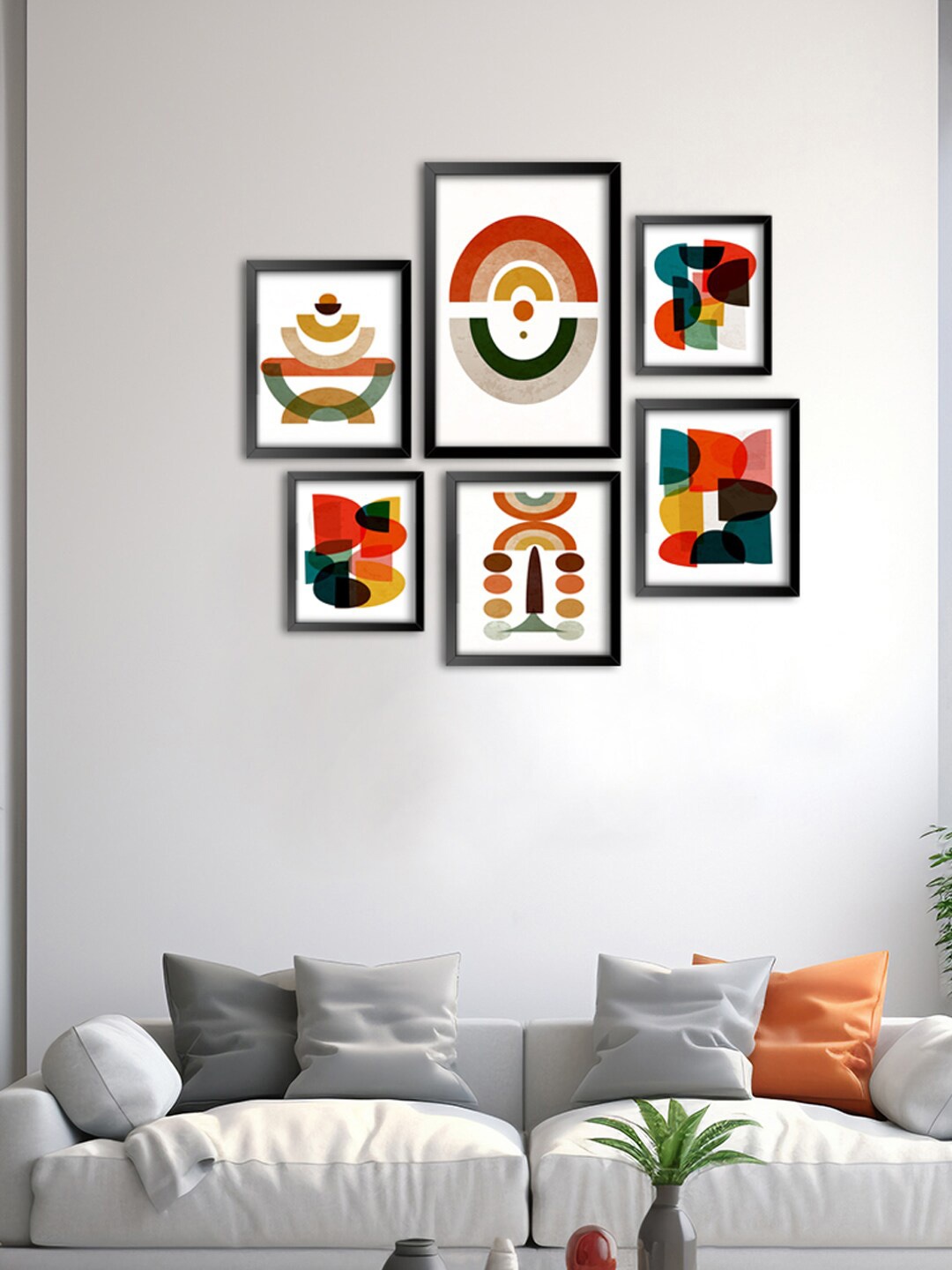 

999Store Orange & Black 6-Pieces Round Circle With Abstract Modern Wall Art