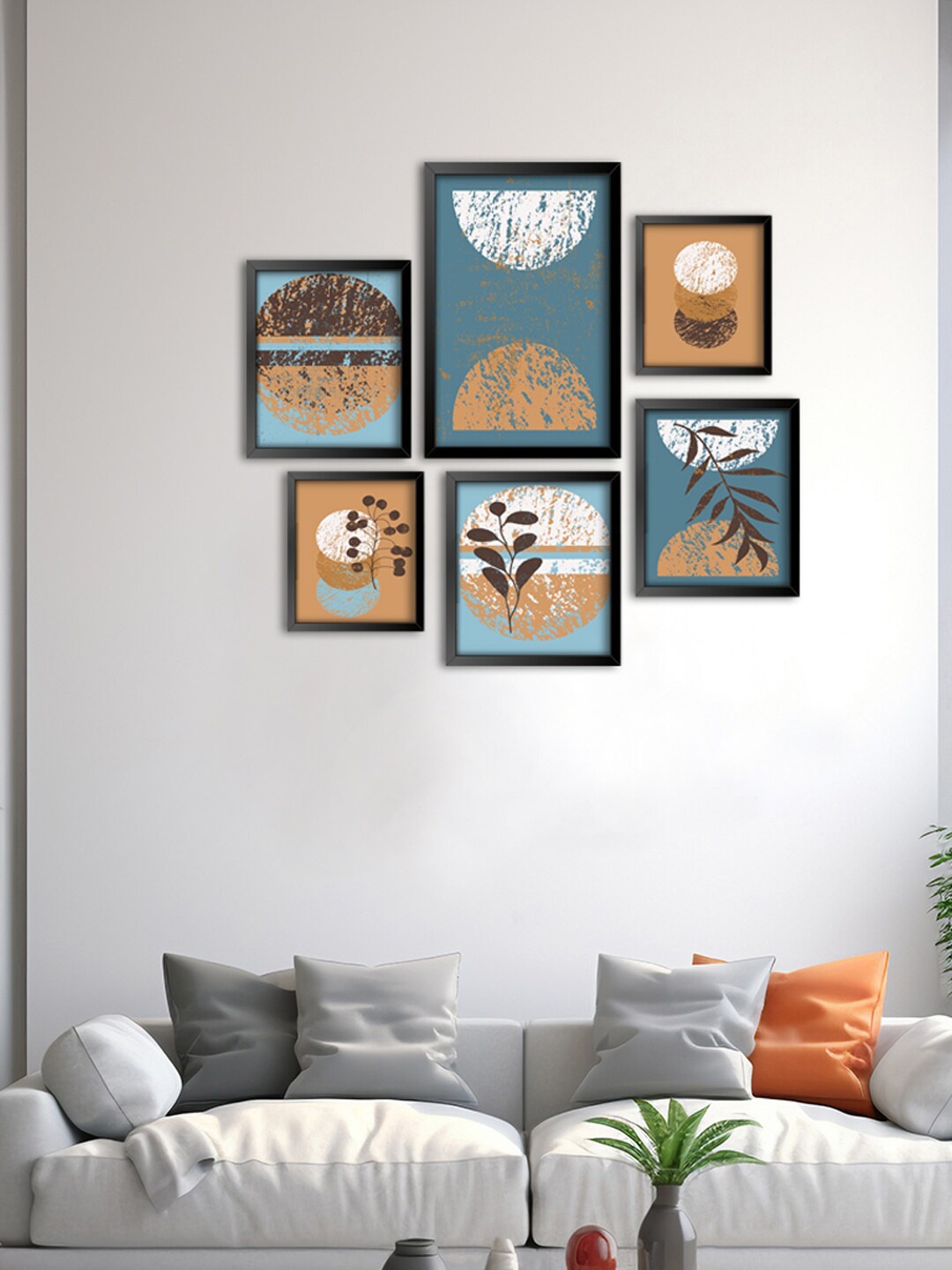 

999Store 6 Pcs Blue & Brown Botanical Leaf With Round Shape Framed Painting Wall Art