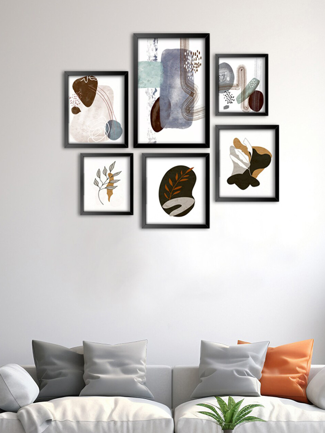 

999Store White & Brown 6 Pieces Abstract With Leaf Modern Art Canvas Wall Art