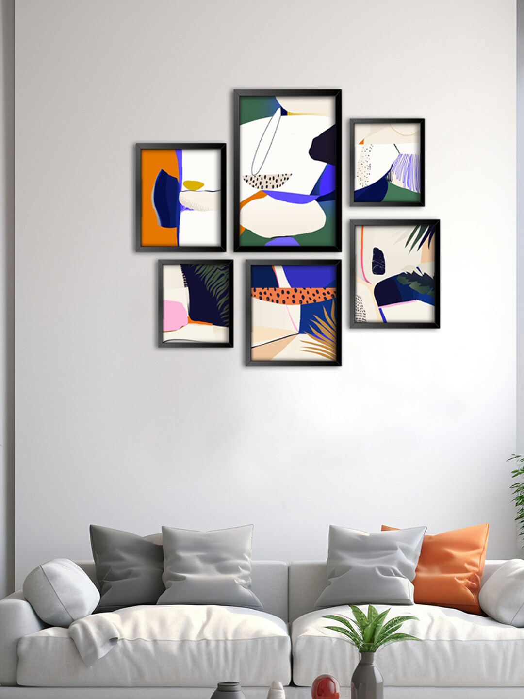 

999Store White & Blue 6 Pieces Modern Abstract Painted Wall Arts
