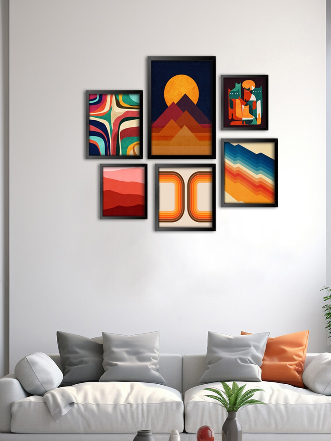 

999Store Brown 6 Pieces Art Mountain With Sun And Abstract Modern Wall Arts