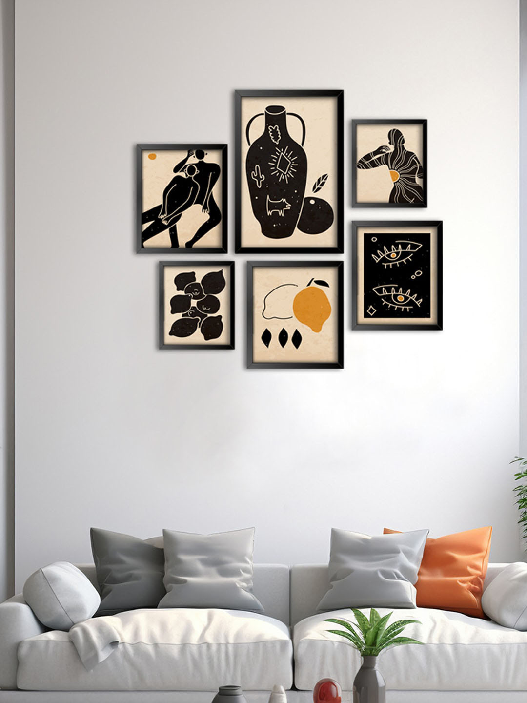 

999Store Black 6 Pieces Flower Pot Abstract With Ilhouette Of Man Painting Wall Arts