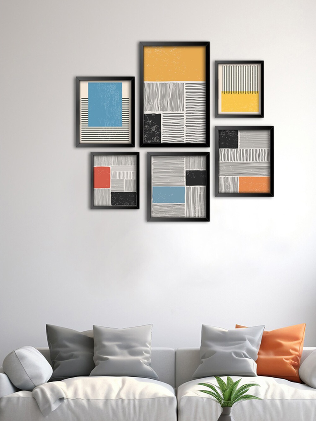 

999Store White & Yellow 6 Pieces Minimal Line Wall Arts