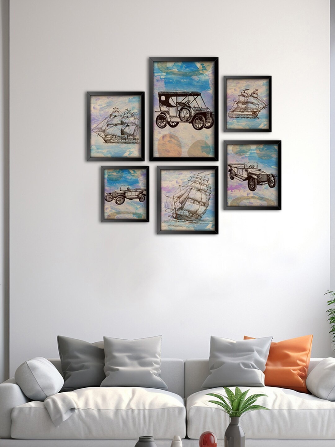 

999Store Beige & Blue 6 Pieces Vintage Car With Ship Modern Painted Wall Arts