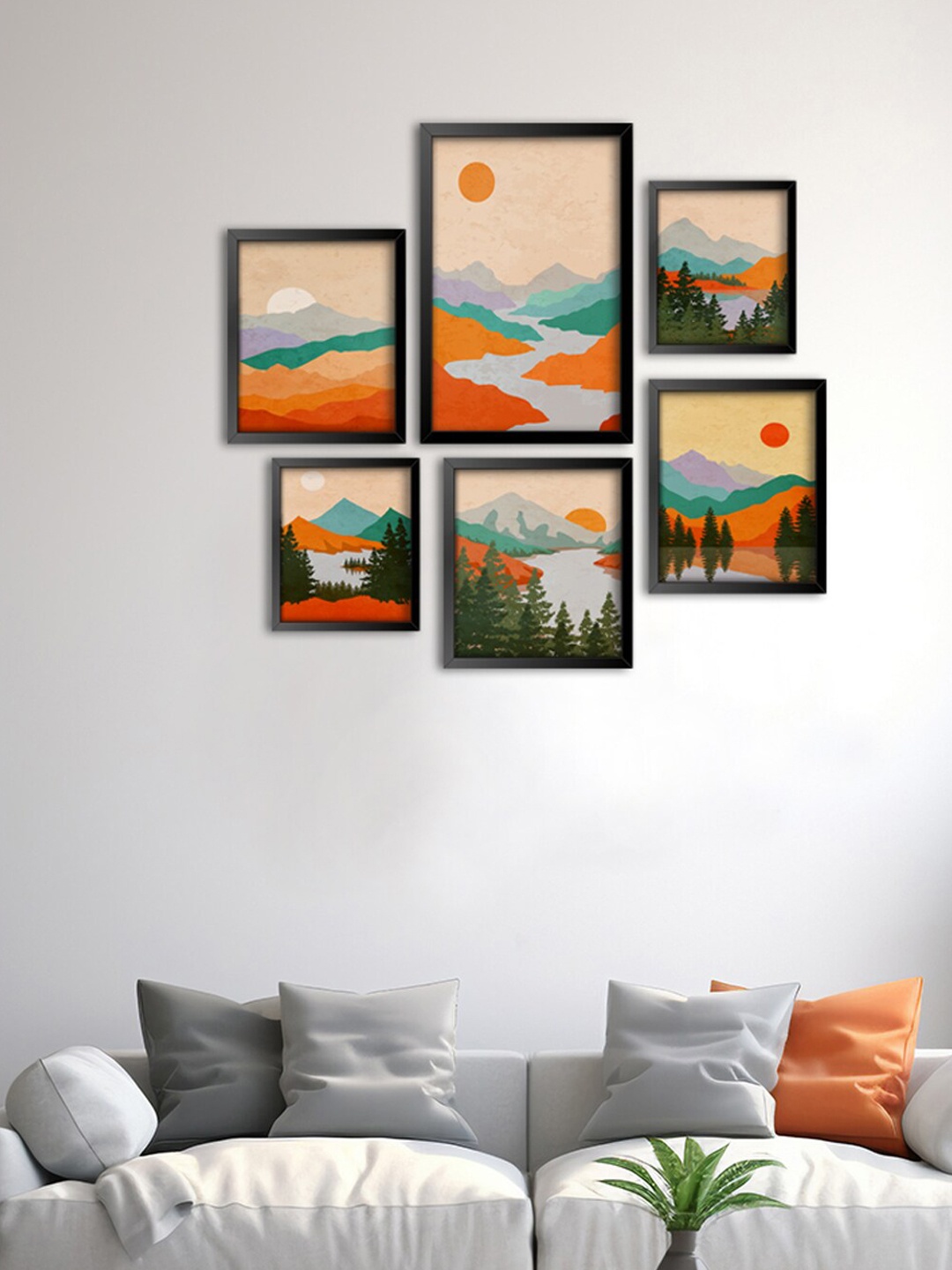 

999Store Red 6 Pieces Mountain-Printed Modern Wall Art, Brown