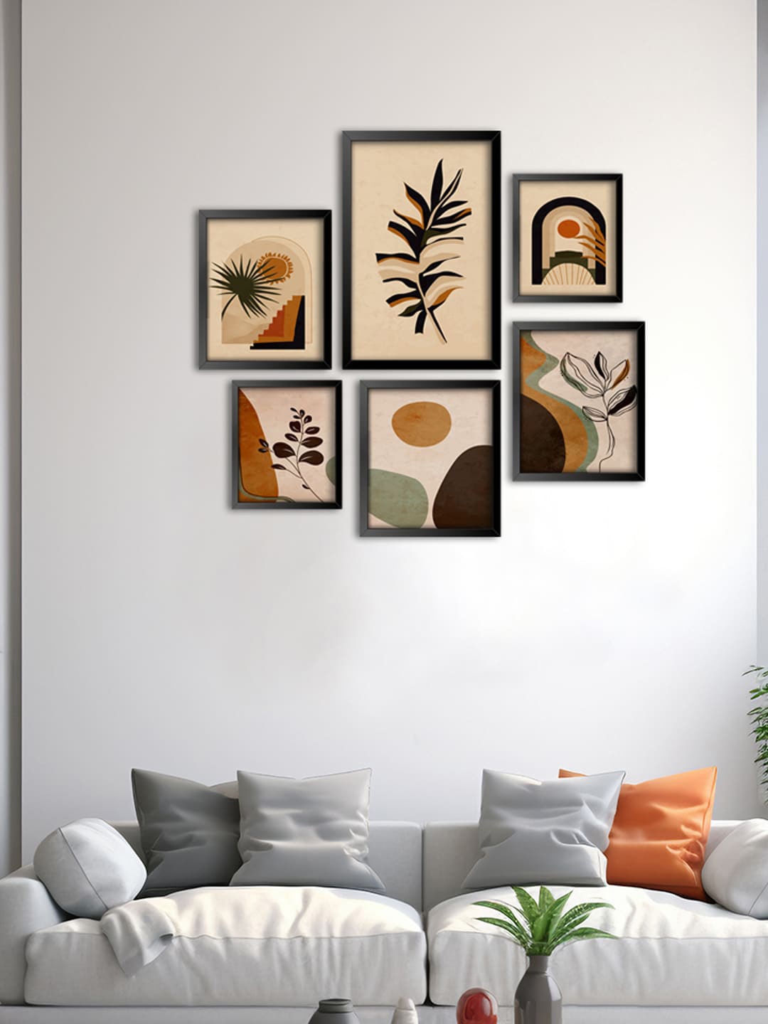 

999Store Brown 6 Pieces Sun Leaf With Stone Boho Modern Wall Art