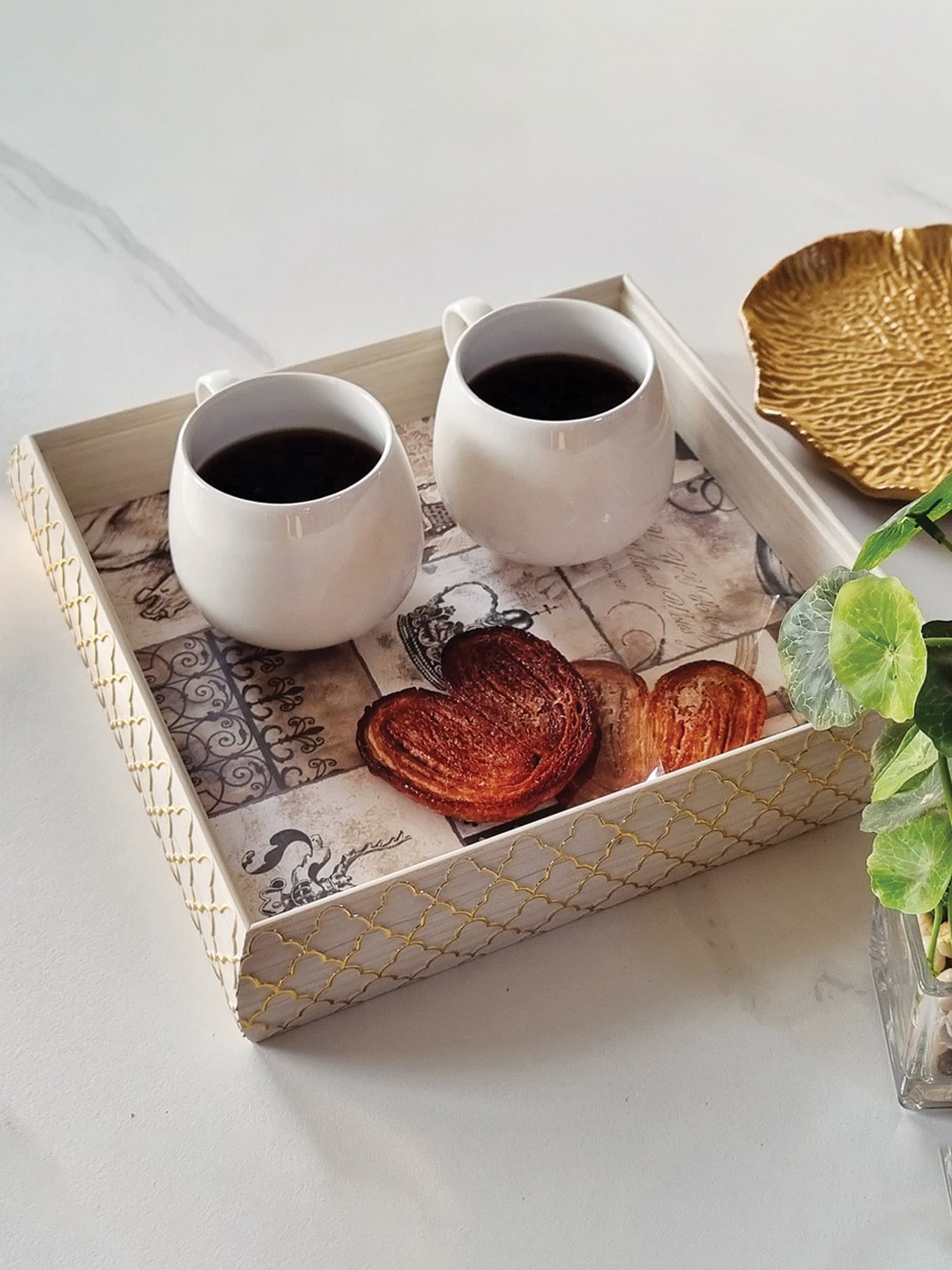 

Art Street Beige Printed Wood Square Tray, Gold