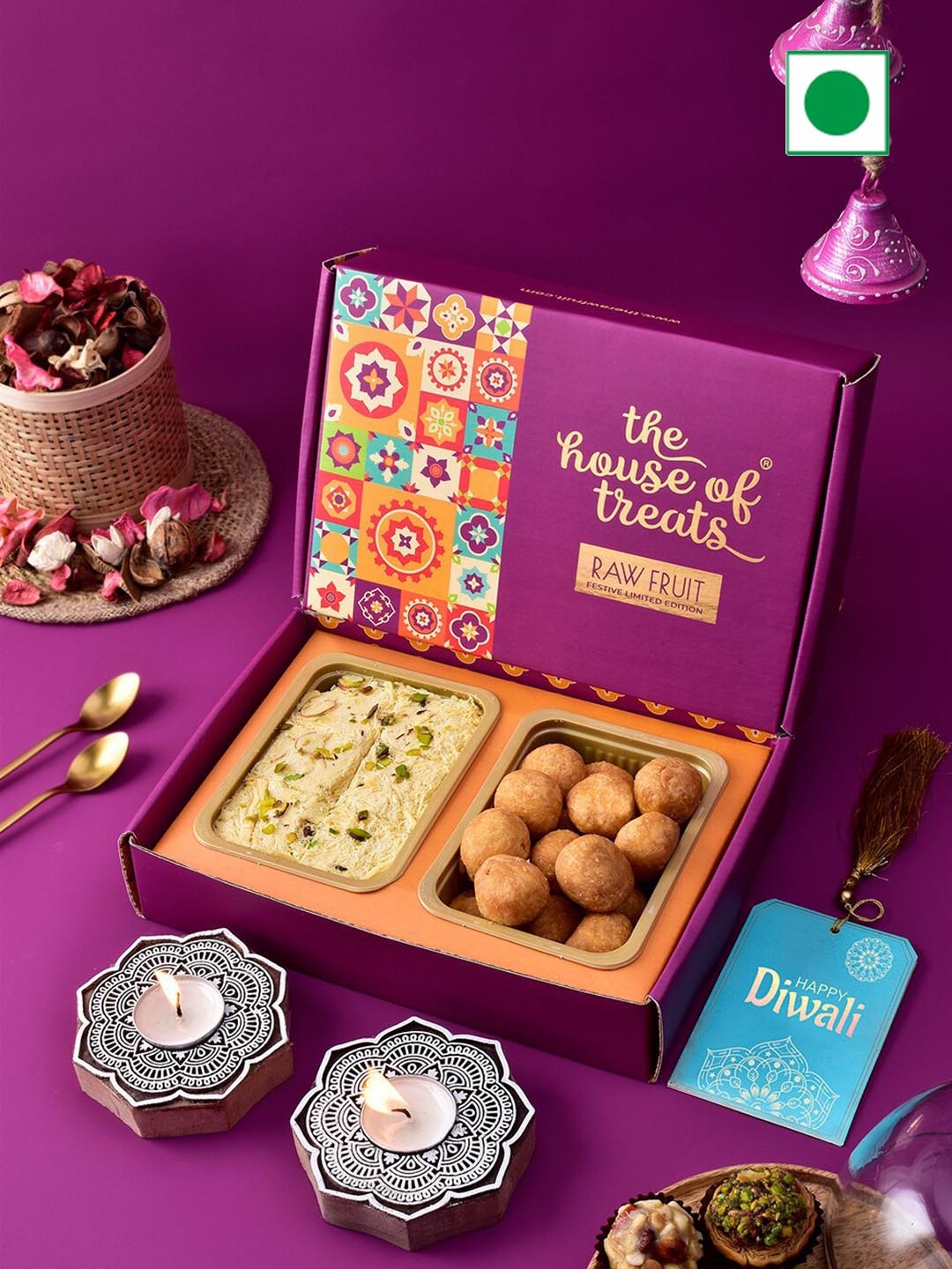 

RawFruit Diwali Sweet & Wooded Candle Gift Set- 200g each, Purple