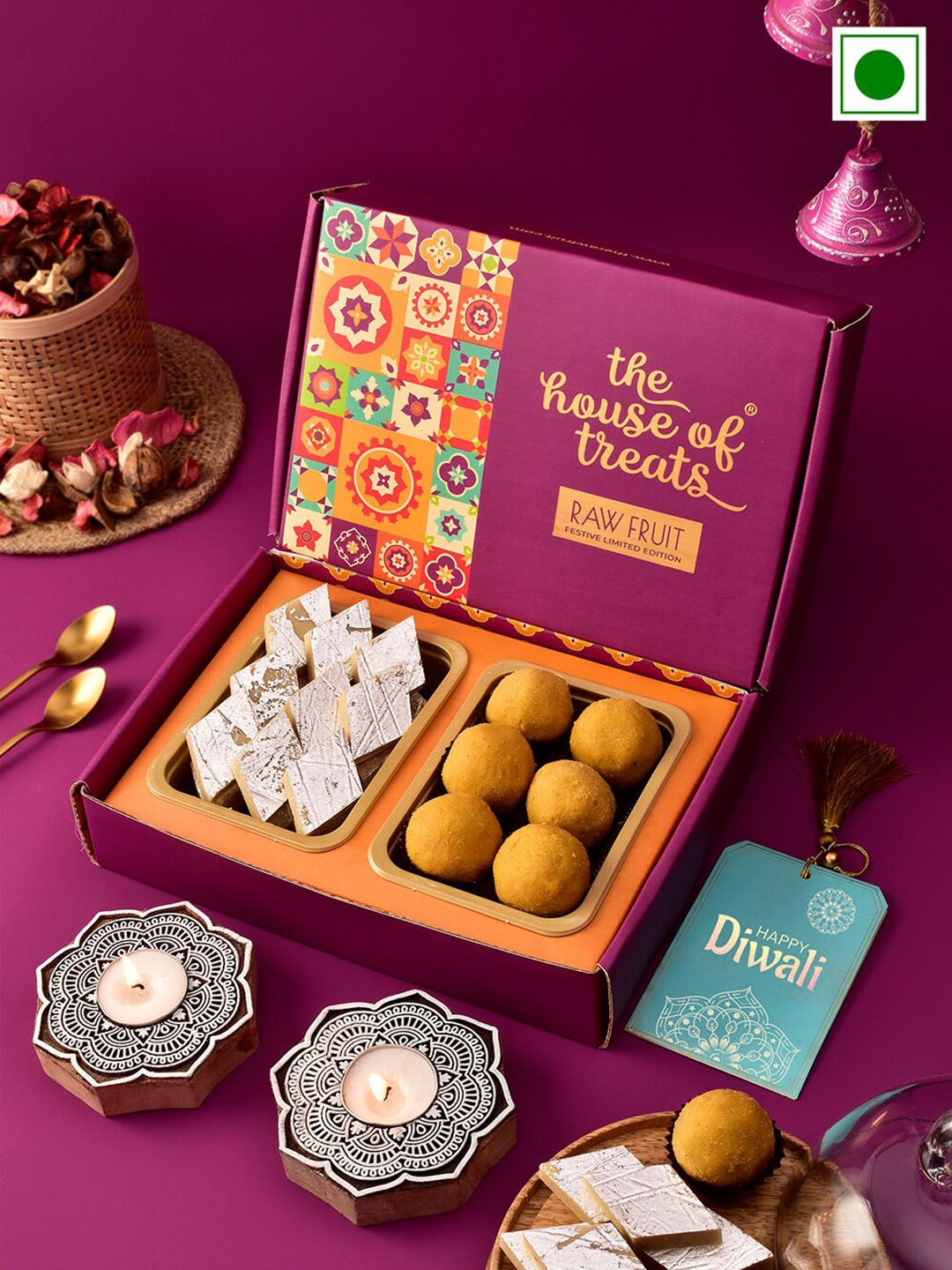 

RawFruit Diwali Sweets & Wooden Candle Stand Gifts Set- 200 gm Each, Magenta