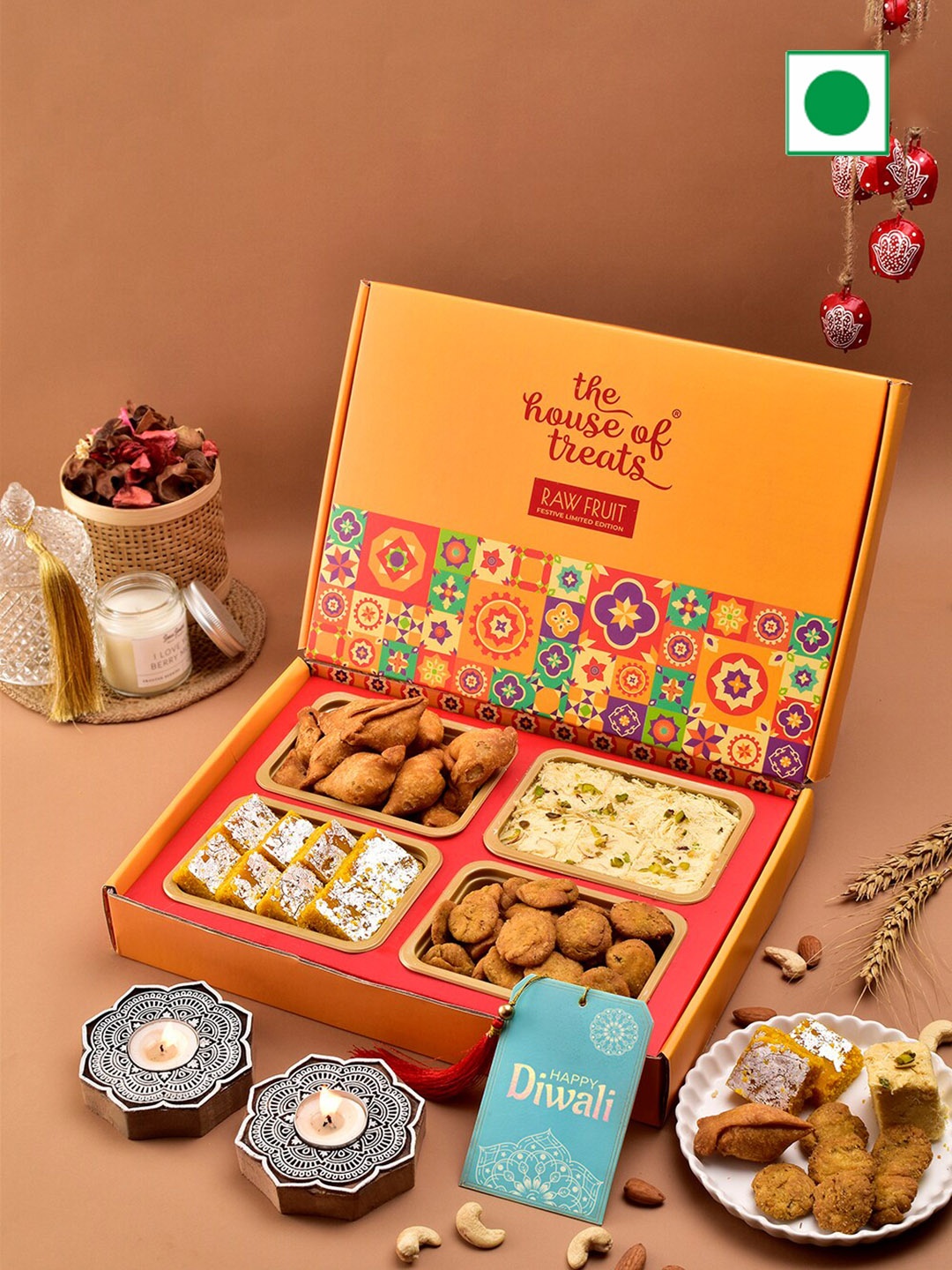 

RawFruit Festive Sweet Assortment with Candle Stand Set-: 200 gms Each, Red