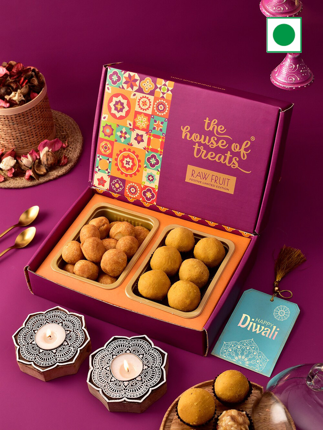 

RawFruit Diwali Sweets & Wooden Candle Stand Gifts Set- 200 gm Each, Red