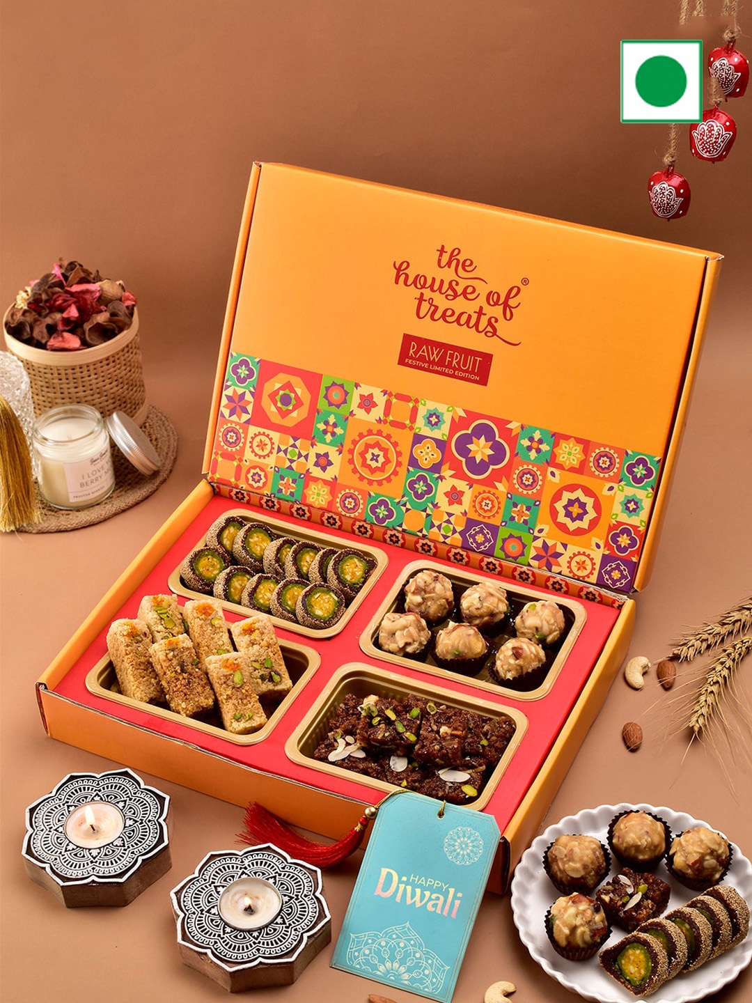 

RawFruit Diwali Sweets & Wooden Candle Stand Gifts Set- 200 Gms Each, Yellow