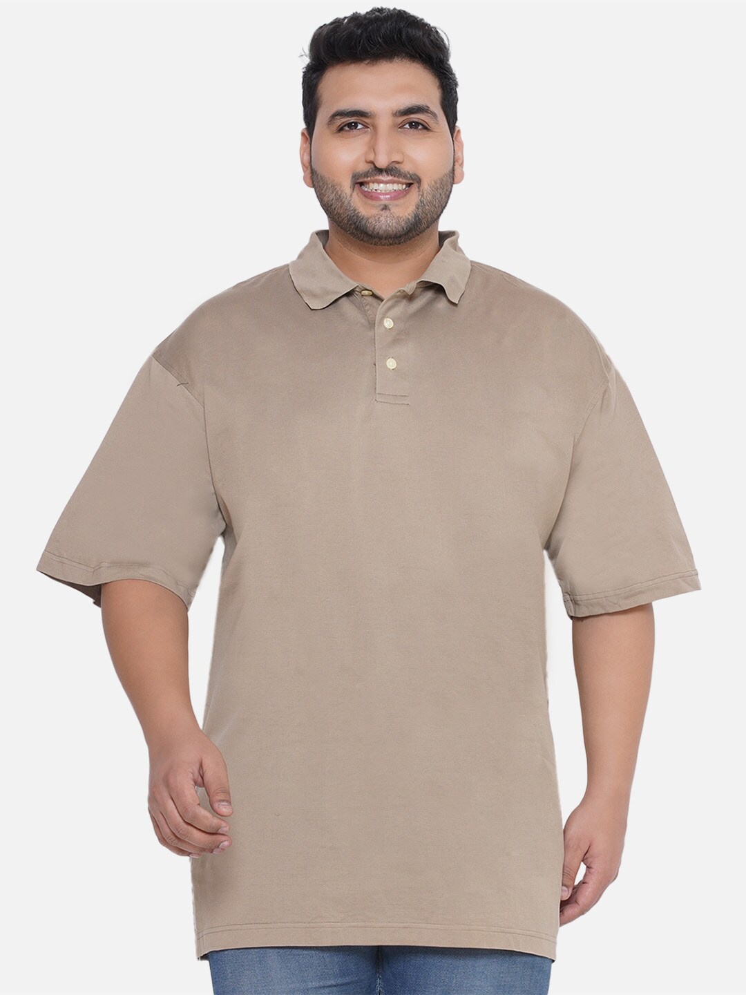 

Santonio Plus Size Polo Collar Drop Shoulder Sleeves Pure Cotton T-shirt, Beige