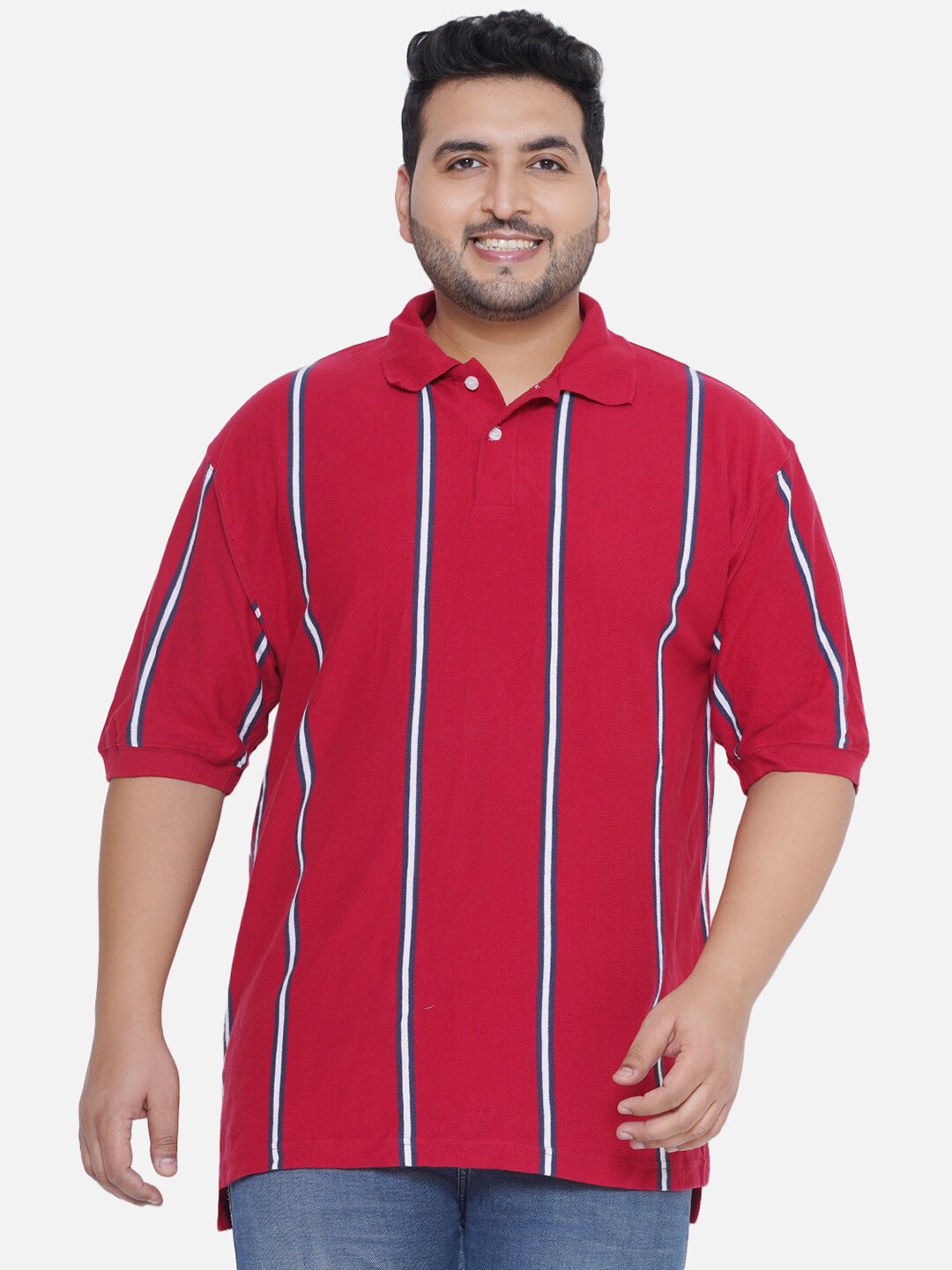 

Santonio Plus Size Striped Polo Collar Pure Cotton Casual T-shirt, Red