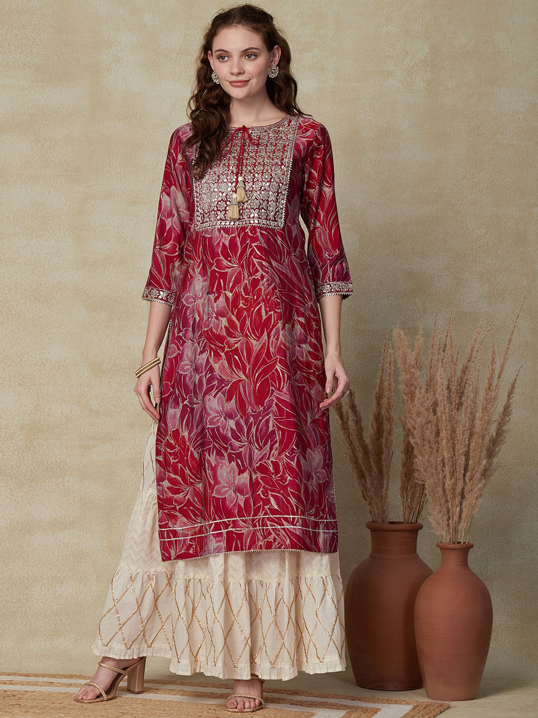

FASHOR Magenta Floral Printed Tie-Up Neck Sequinned Kurta