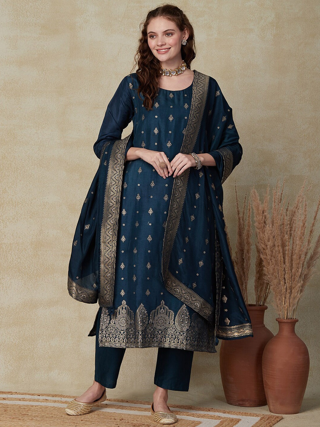 

FASHOR Teal Blue Ethnic Motifs Woven Design Straight Kurta & Trousers With Dupatta