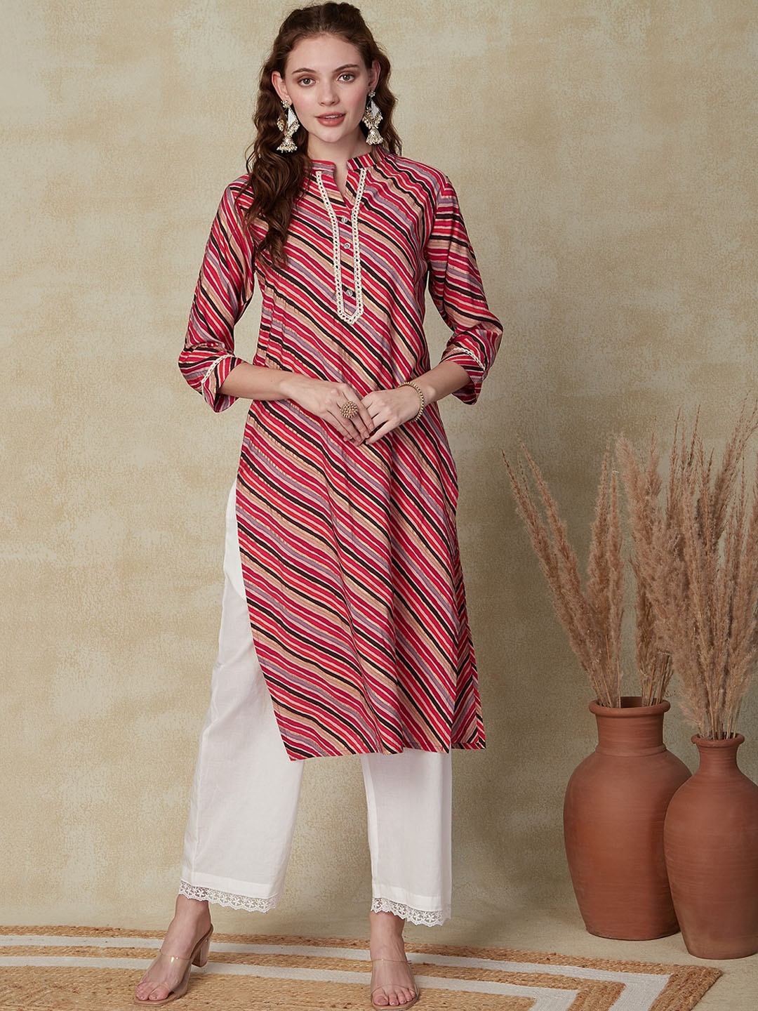 

FASHOR Pink Leheriya Printed Mandarin Collar Kurta