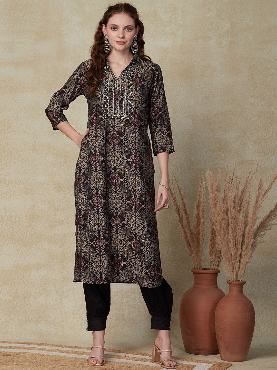 

FASHOR Charcoal Ethnic Motifs Printed Mirror Work Detailed Straight Kurta with Salwar