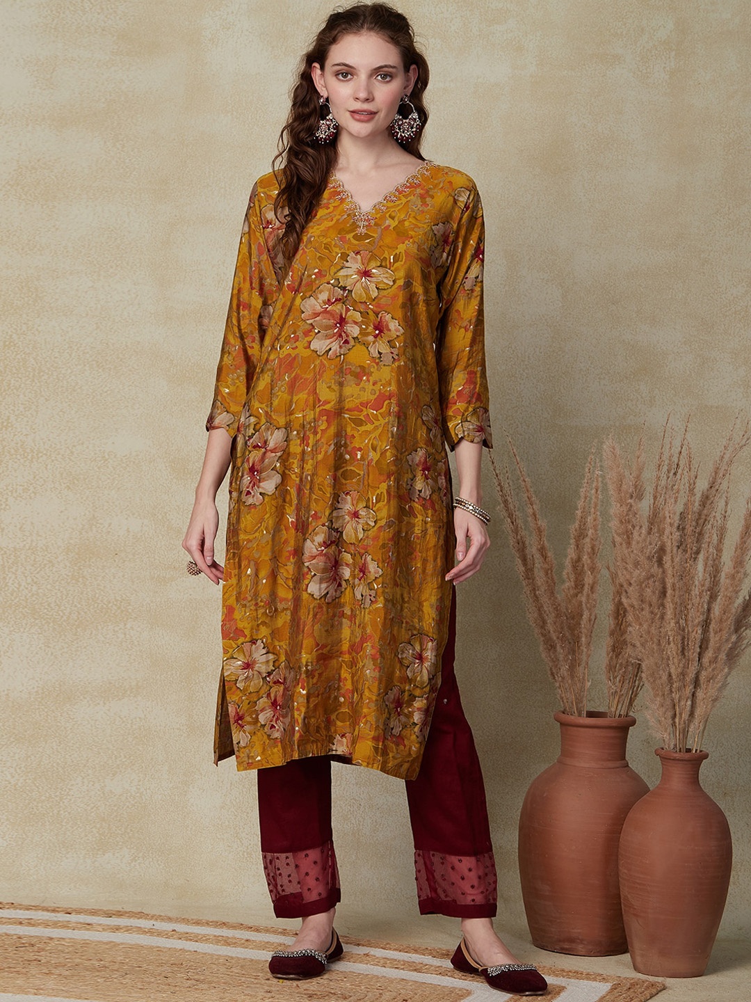 

FASHOR Mustard Yellow Floral Printed Sequinned Kurta