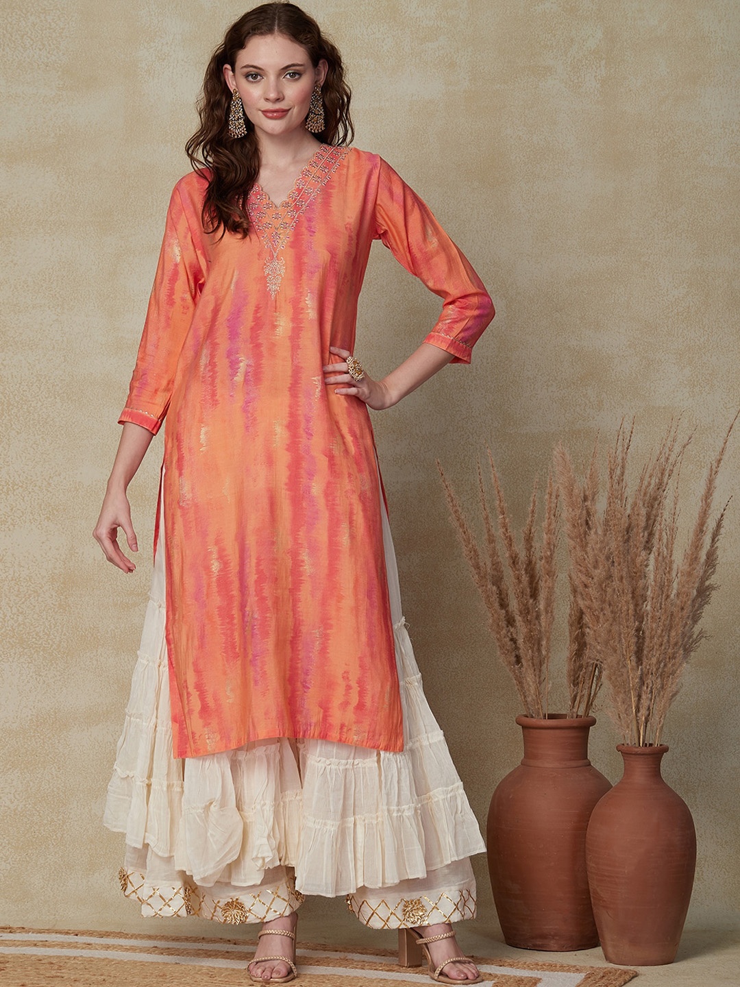 

FASHOR Peach Coloured Abstract Printed Sequinned Thread Work Kurta