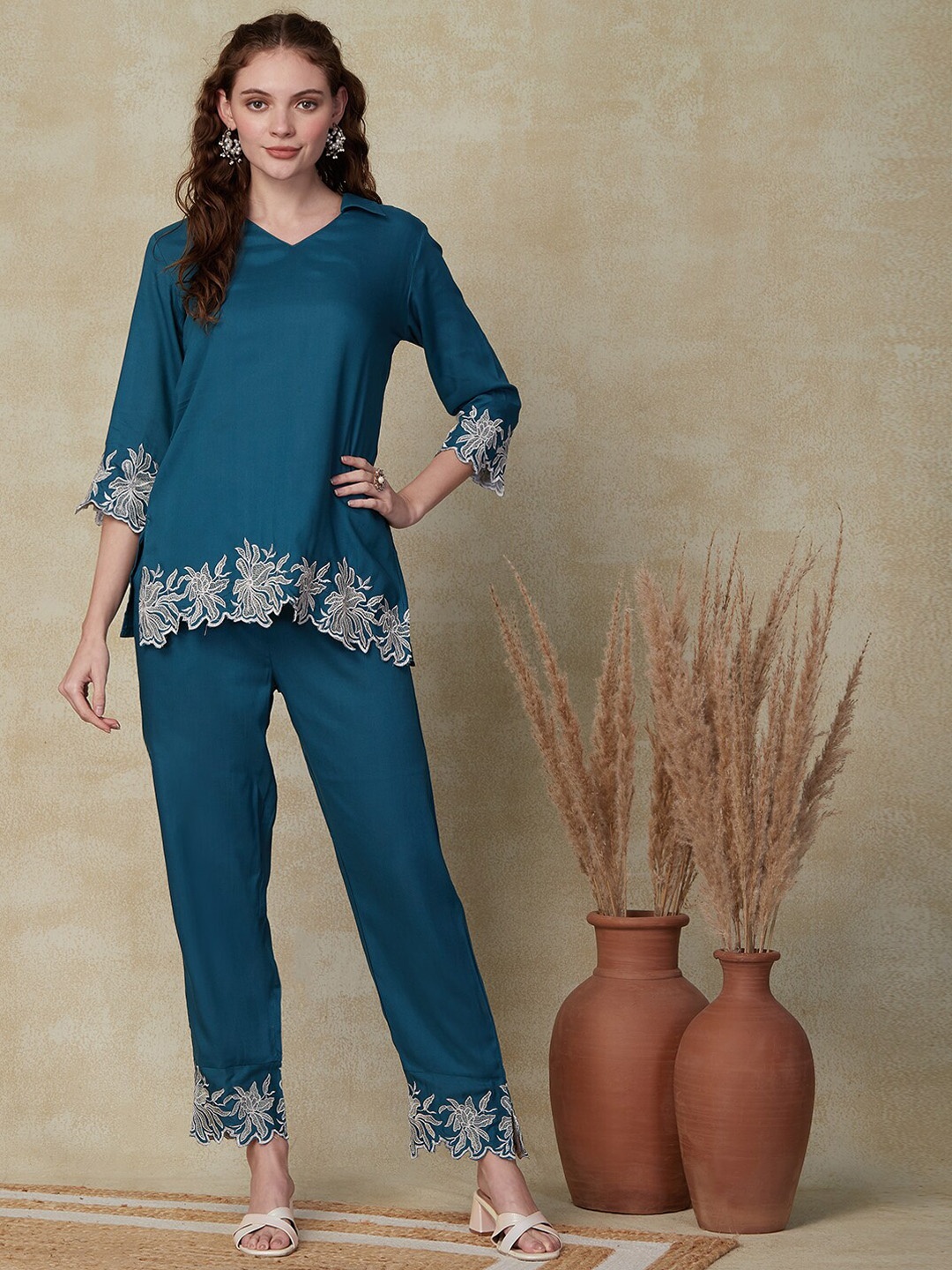 

FASHOR Teal Floral Embroidered Shirt Collar Top With Trouser