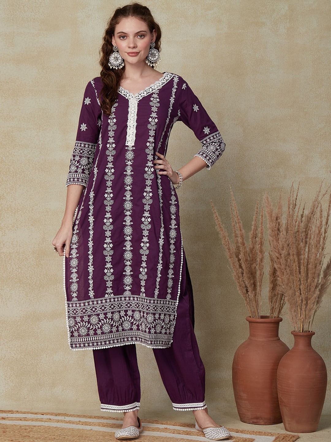 

FASHOR Ethnic Motifs Embroidered V-Neck Pure Cotton Straight Kurta & Salwar With Dupatta, Violet