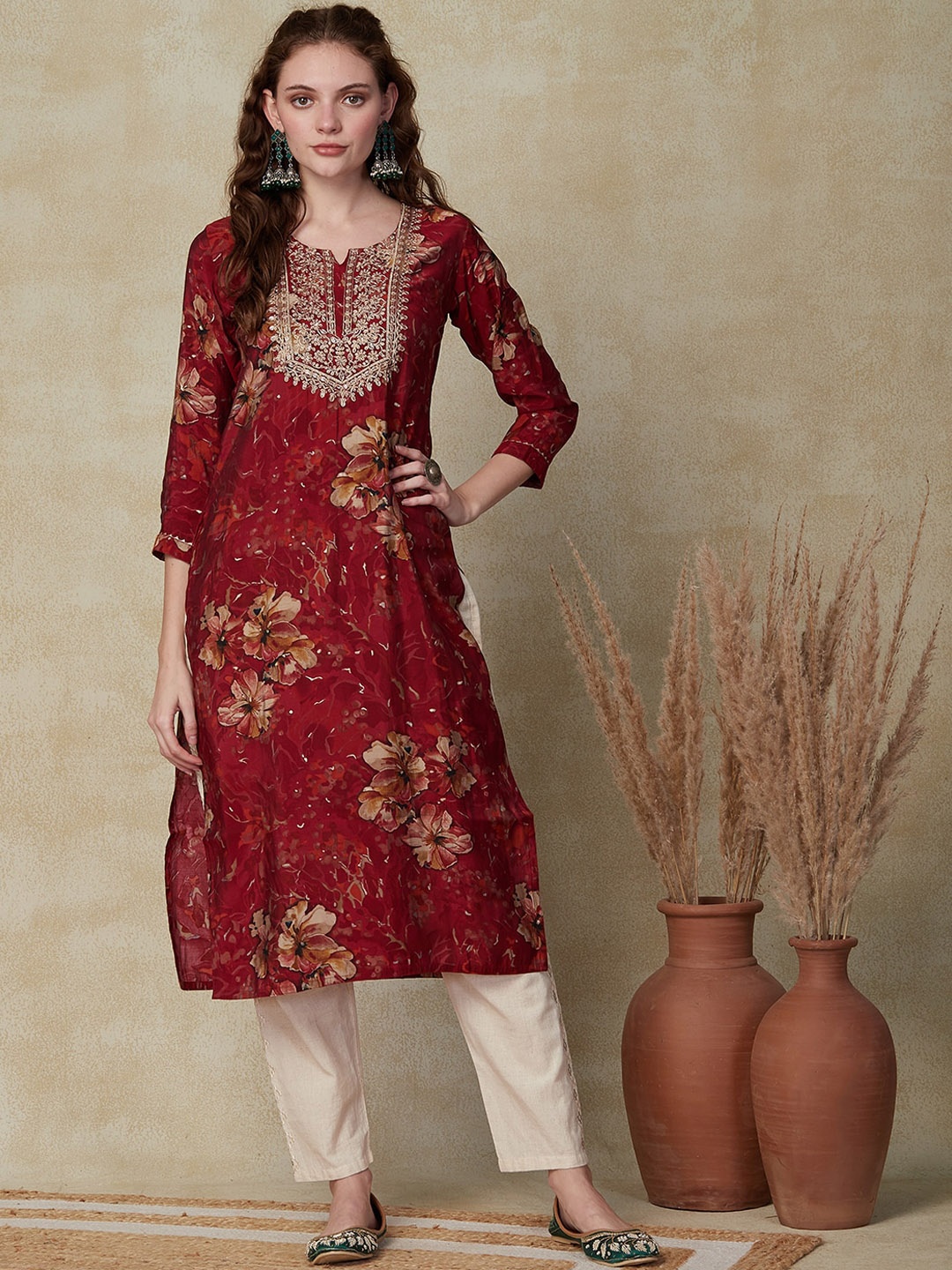 

FASHOR Maroon Floral Printed Sequinned Kurta