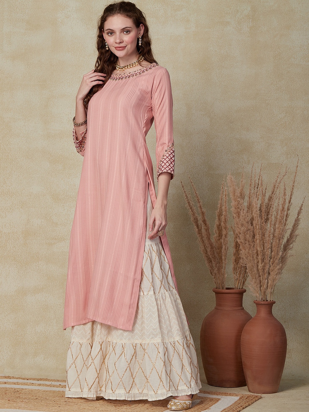 

FASHOR Peach Coloured Striped Thread Work Straight Kurta