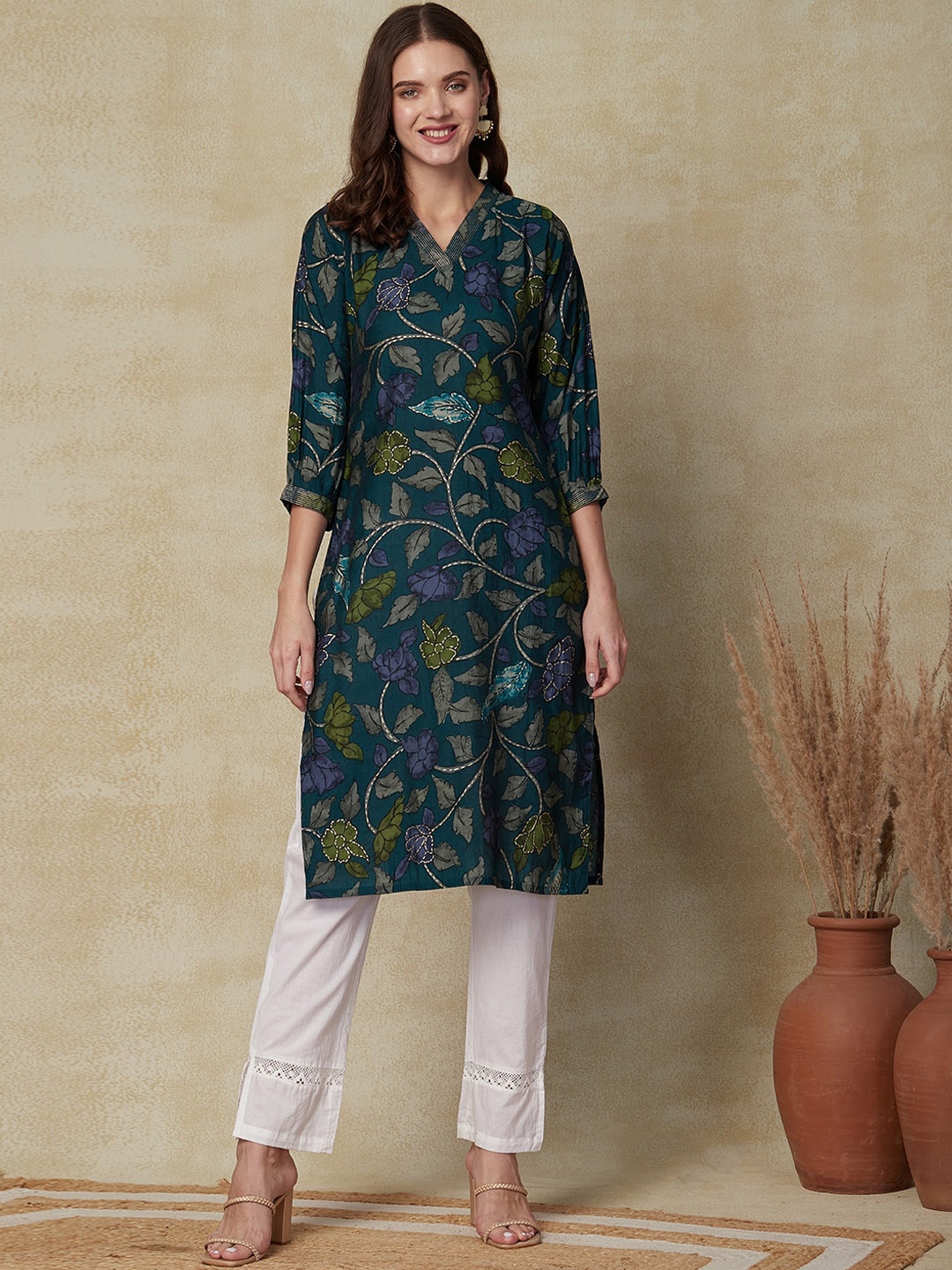 

FASHOR Floral Printed Kantha Work Puff Sleeves Kurta, Teal