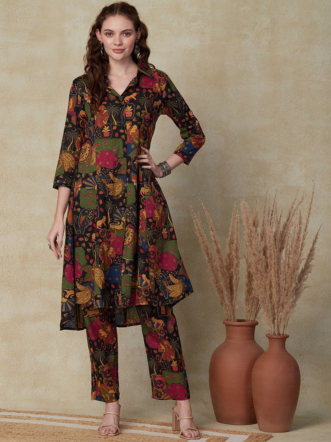 

FASHOR Floral Printed Shirt Collar Pure Cotton A-Line Kurta with Trouser, Black
