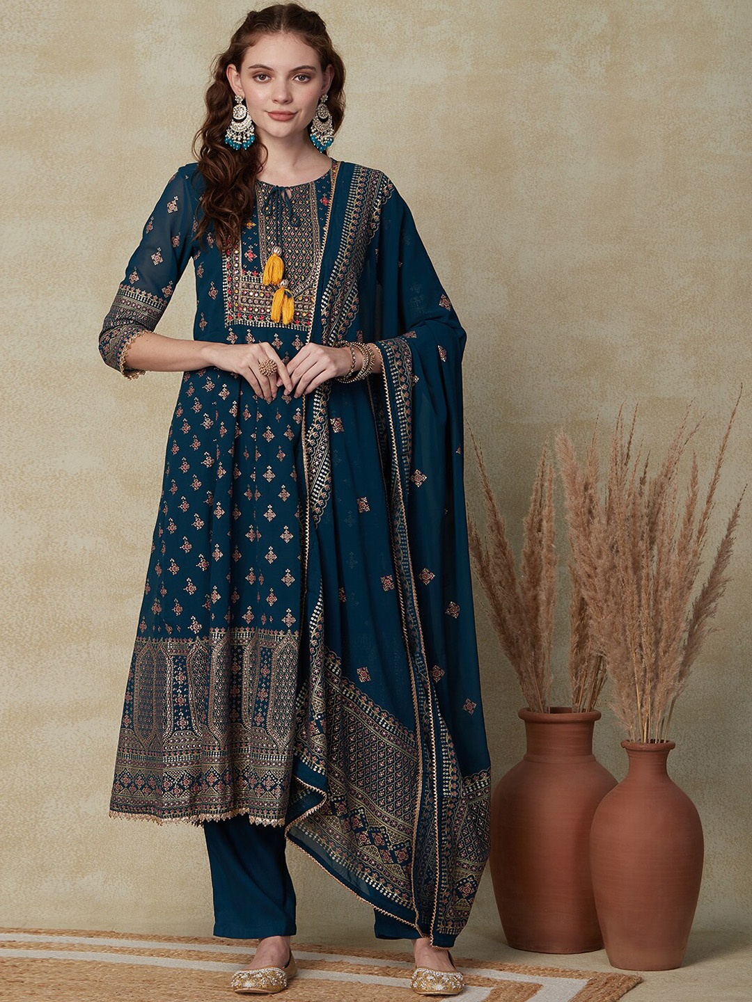 

FASHOR Ethnic Motifs Printed Tie-Up Neck Mirror Work Anarkali Kurta & Trouser With Dupatta, Teal