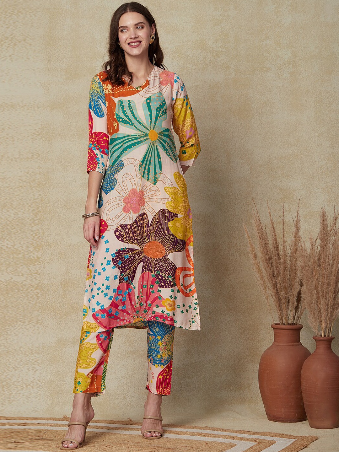 

FASHOR Floral Printed V-Neck Beads and Stones Straight Kurta with Trousers, Cream