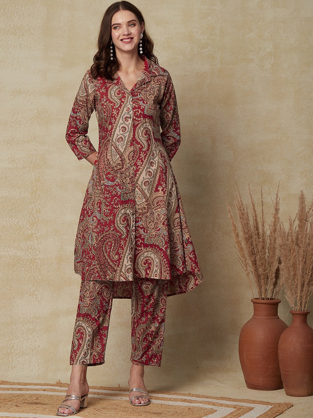 

FASHOR Paisley Printed Regular Pure Cotton Kurta With Trousers, Red