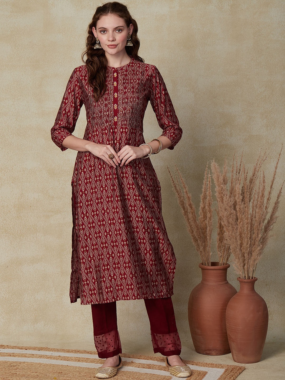 

FASHOR Ethnic Motifs Printed Embroidered Pin-Tucks Band Collar Straight Kurta, Red