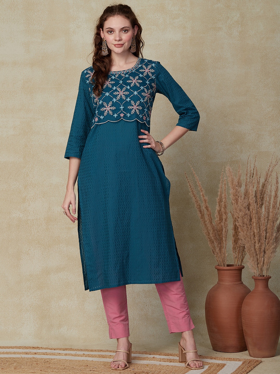 

FASHOR Floral Yoke Design Embroidered Thread Work Layered Cotton Straight Kurta, Teal