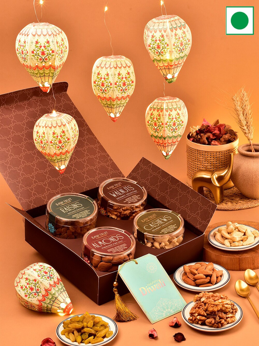 

RawFruit Diwali Nut Medley & Paper Light Lamps Gift Set, Red