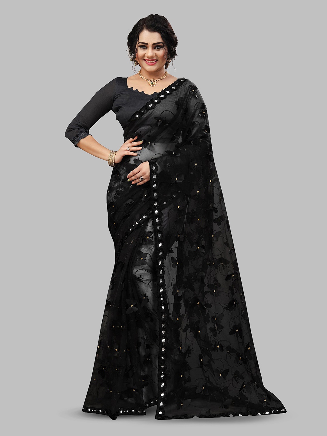 

N N ENTERPRISE Floral Embellished Mirror Work Net Leheriya Saree, Black