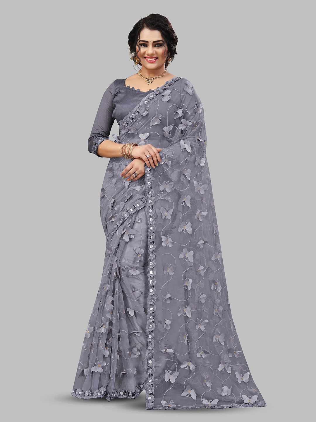 

N N ENTERPRISE Floral Embellished Mirror Work Net Leheriya Saree, Grey