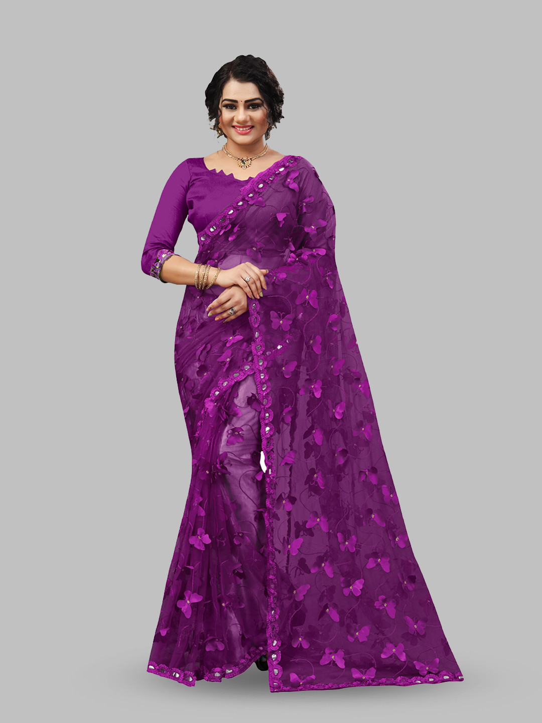 

N N ENTERPRISE Floral Embellished Mirror Work Net Leheriya Saree, Purple