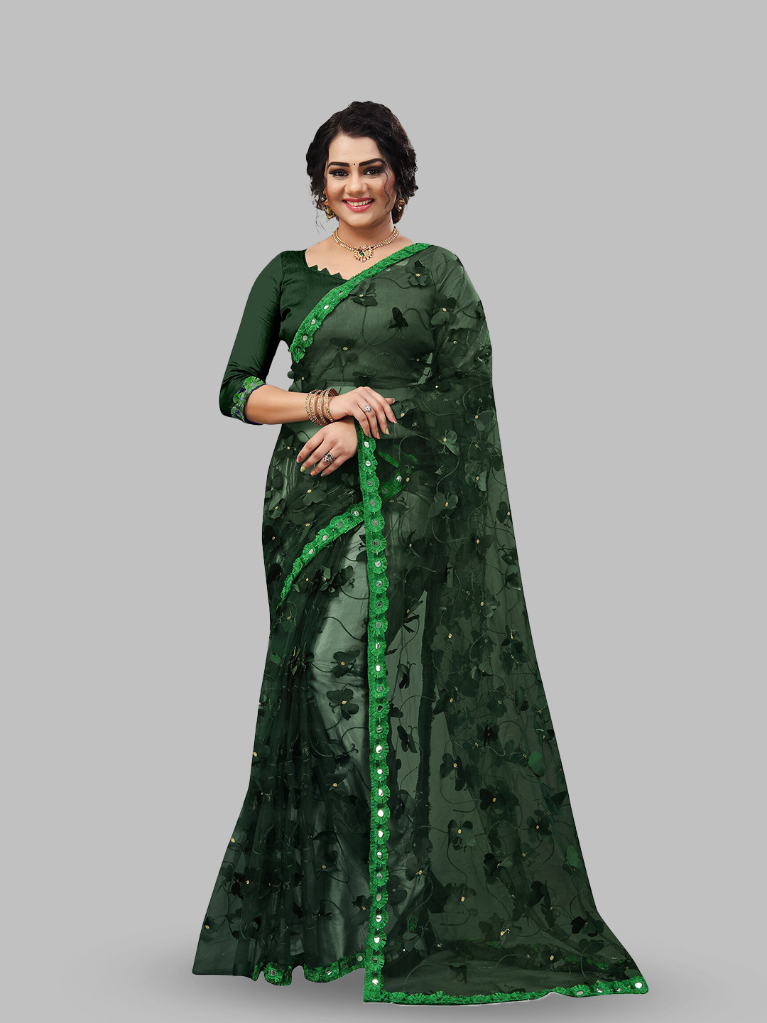 

N N ENTERPRISE Floral Embellished Mirror Work Net Leheriya Saree, Green