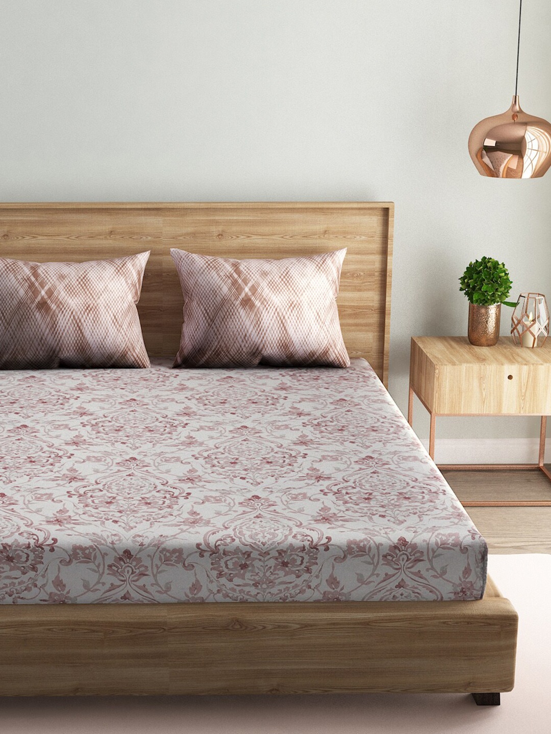 

Naksh White & Pink Ethnic Motifs Pure Cotton 144 TC Queen Bedsheet with 2 Pillow Covers