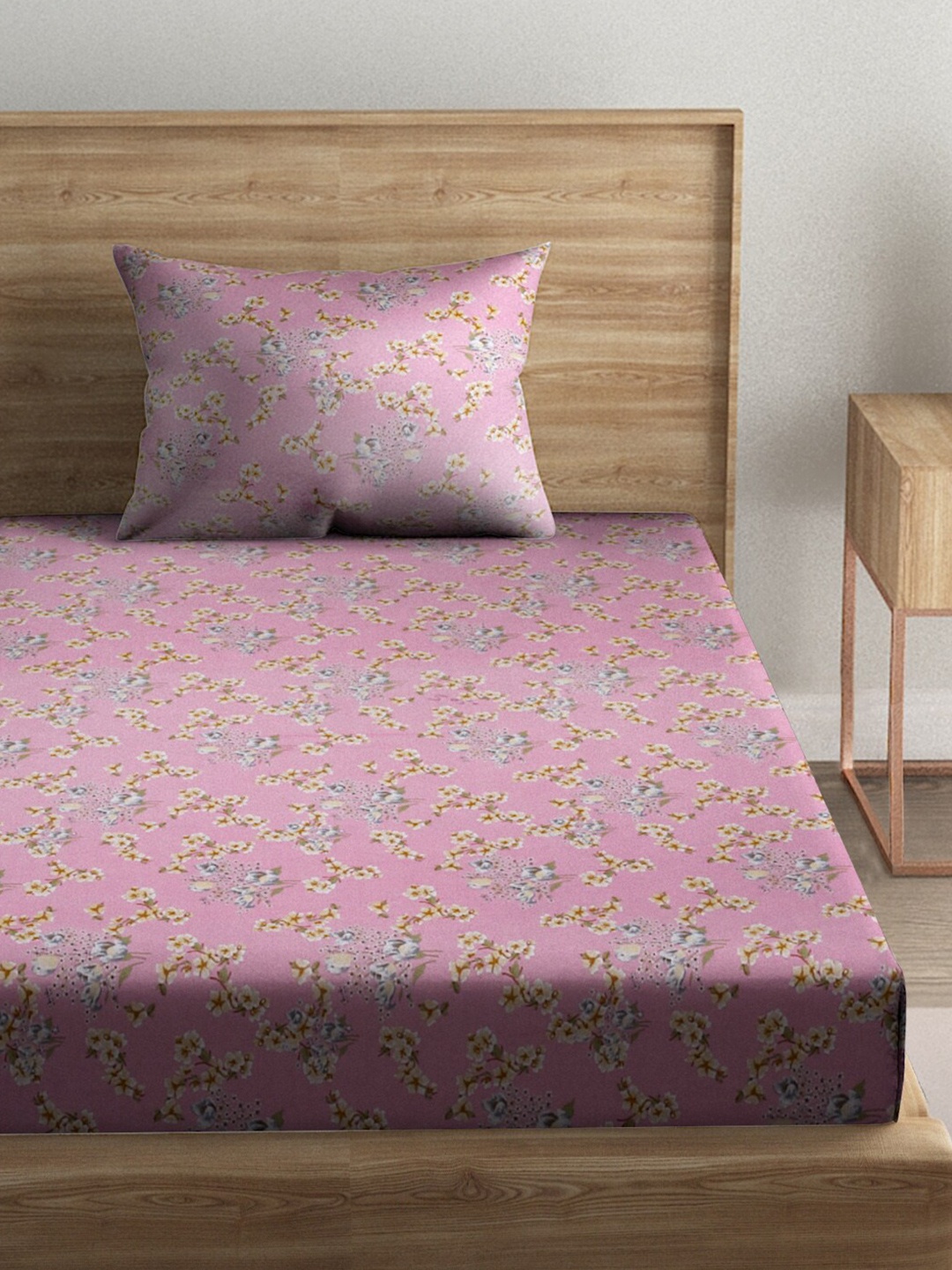 

Naksh Pink & Beige Floral Pure Cotton 186 TC Single Bedsheet with 1 Pillow Cover