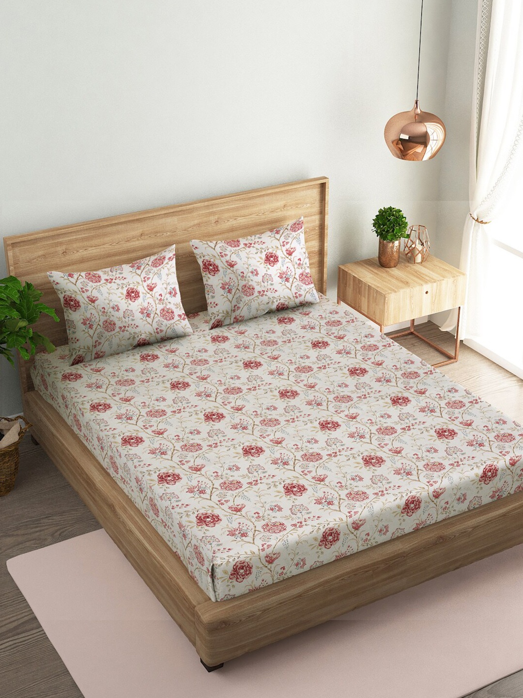 

Naksh White & Red Floral Pure Cotton 144 TC King Bedsheet with 2 Pillow Covers