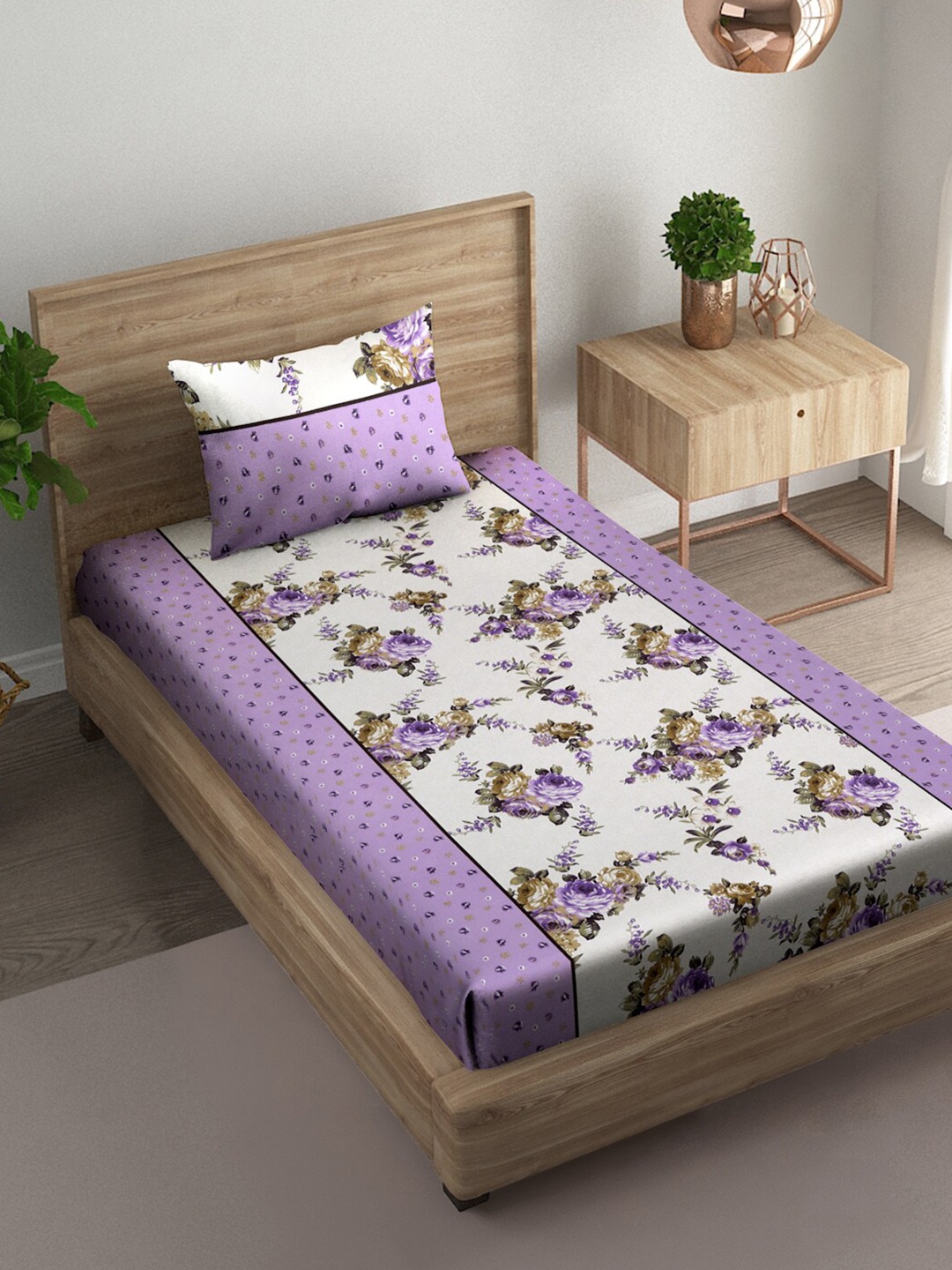 

Naksh Purple & White Floral Pure Cotton 186 TC Single Bedsheet with 1 Pillow Cover