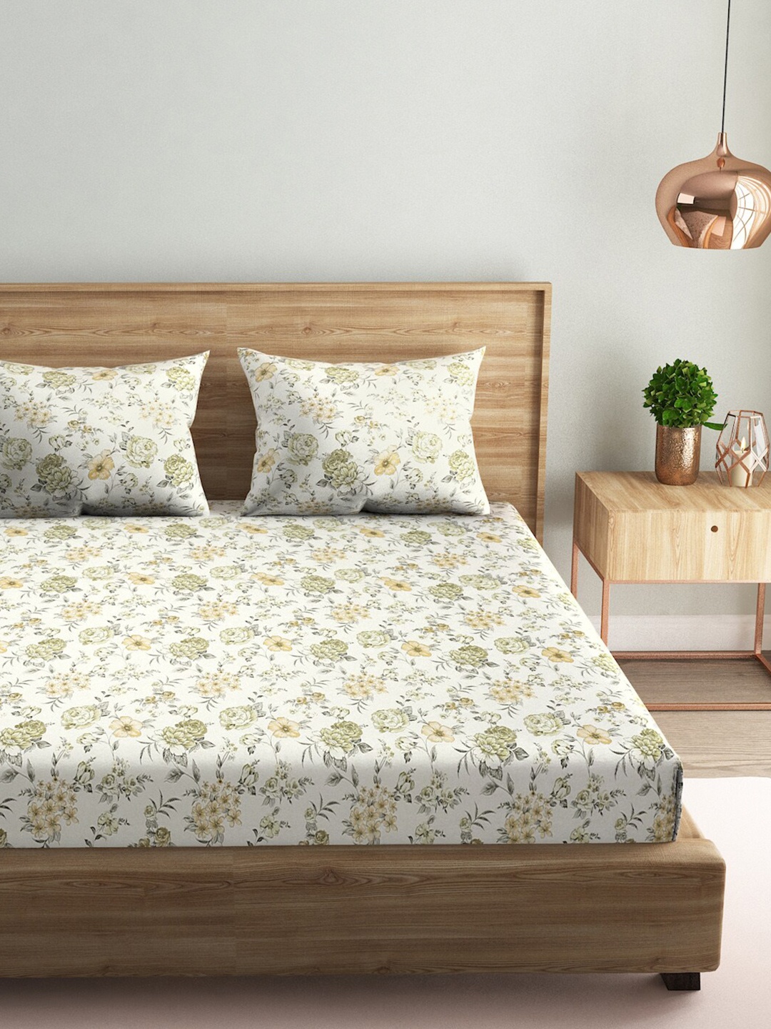 

Naksh White & Green Floral Pure Cotton 144 TC Queen Bedsheet with 2 Pillow Covers